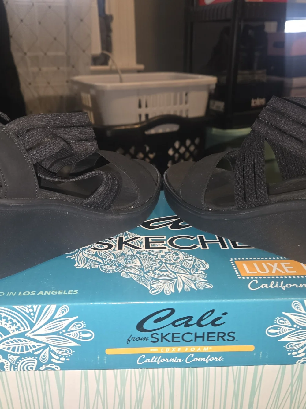 Skechers Cali Black Wedge Sandals with Luxe Foam
